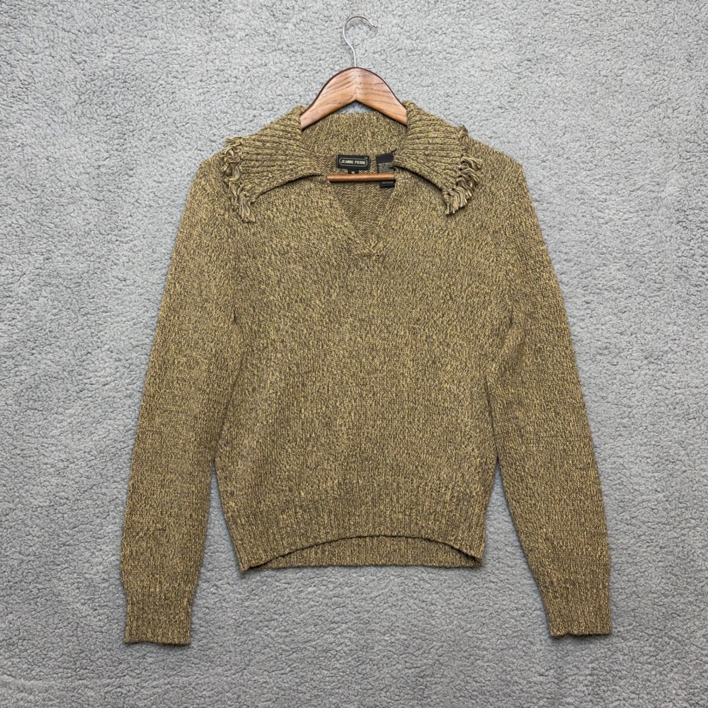Vtg JEANNE PIERRE V-neck Sweater Women M Knit Cotton Fringe Collar Brown‎ Green - Picture 1 of 4